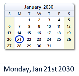 January 21, 2030 calendar