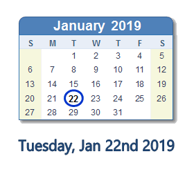 January 22, 2019 calendar
