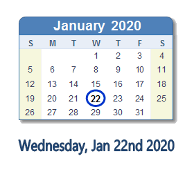 January 22, 2020 calendar