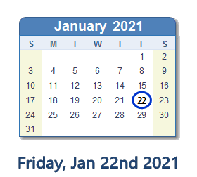 January 22, 2021 calendar
