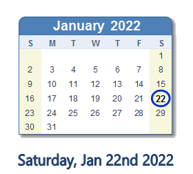 22 January 2022 calendar