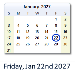 January 22, 2027 calendar