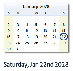 January 22, 2028 calendar