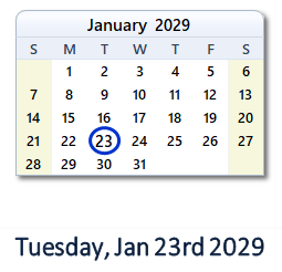 January 23, 2029 calendar