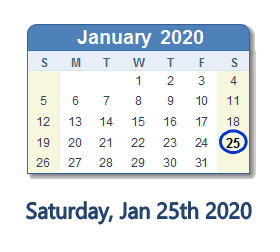 January 25, 2020 calendar