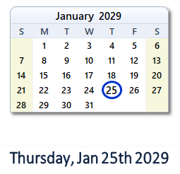 January 25, 2029 calendar