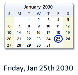 January 25, 2030 calendar