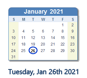 January 26, 2021 calendar