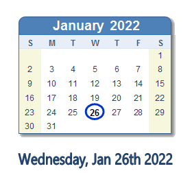 26 January 2022 calendar