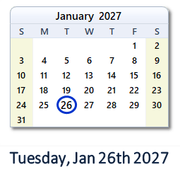 January 26, 2027 calendar
