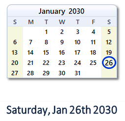 January 26, 2030 calendar