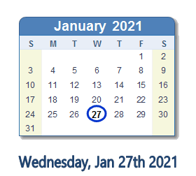 January 27, 2021 calendar