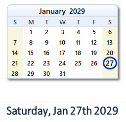 January 27, 2029 calendar