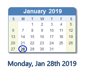 January 28, 2019 calendar