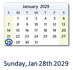 January 28, 2029 calendar