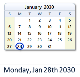 January 28, 2030 calendar