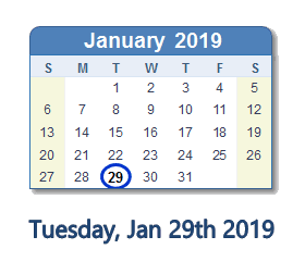 January 29, 2019 calendar