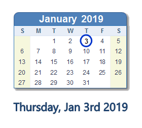 January 3, 2019 calendar