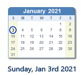 January 3, 2021 calendar
