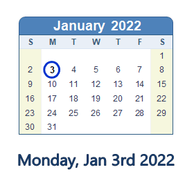 January 3, 2022 calendar