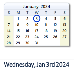 January 3, 2024 calendar