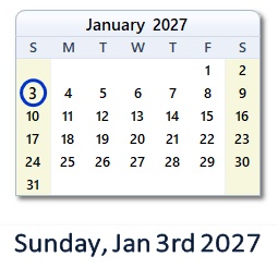January 3, 2027 calendar