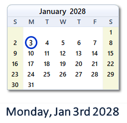 January 3, 2028 calendar