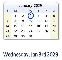 January 3, 2029 calendar