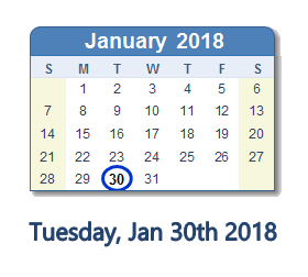 January 30, 2018 calendar