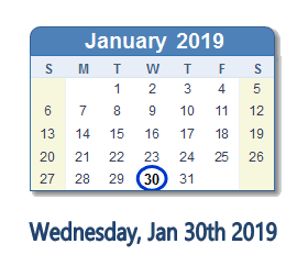 January 30, 2019 calendar