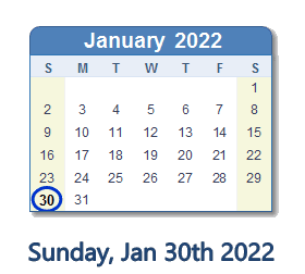 January 30, 2022 calendar