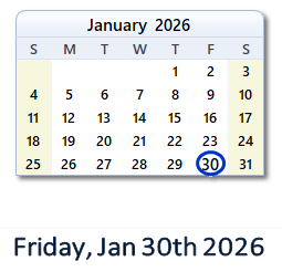 30 January 2026 calendar
