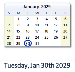January 30, 2029 calendar