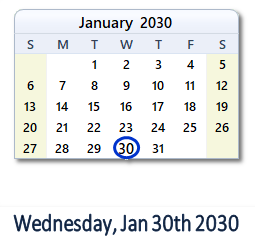 January 30, 2030 calendar