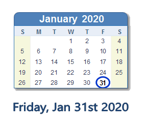 January 31, 2020 calendar