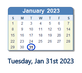 January 31, 2023 calendar