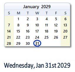 January 31, 2029 calendar