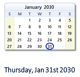 January 31, 2030 calendar