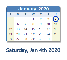 January 4, 2020 calendar