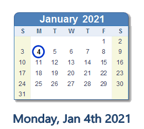 January 4, 2021 calendar