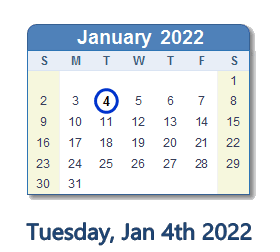 4 January 2022 calendar