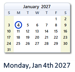 January 4, 2027 calendar