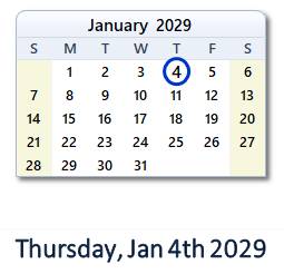 January 4, 2029 calendar