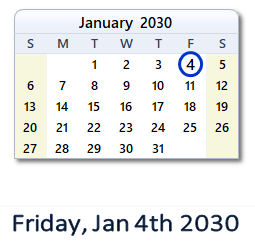 January 4, 2030 calendar