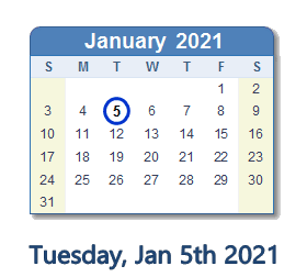January 5, 2021 calendar