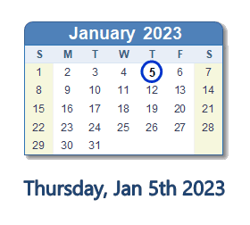 5 January 2023 calendar