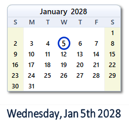 January 5, 2028 calendar