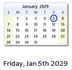 January 5, 2029 calendar