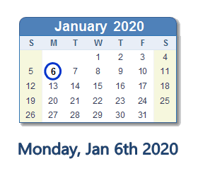 January 6, 2020 calendar