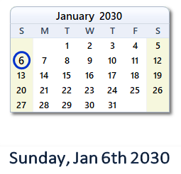January 6, 2030 calendar